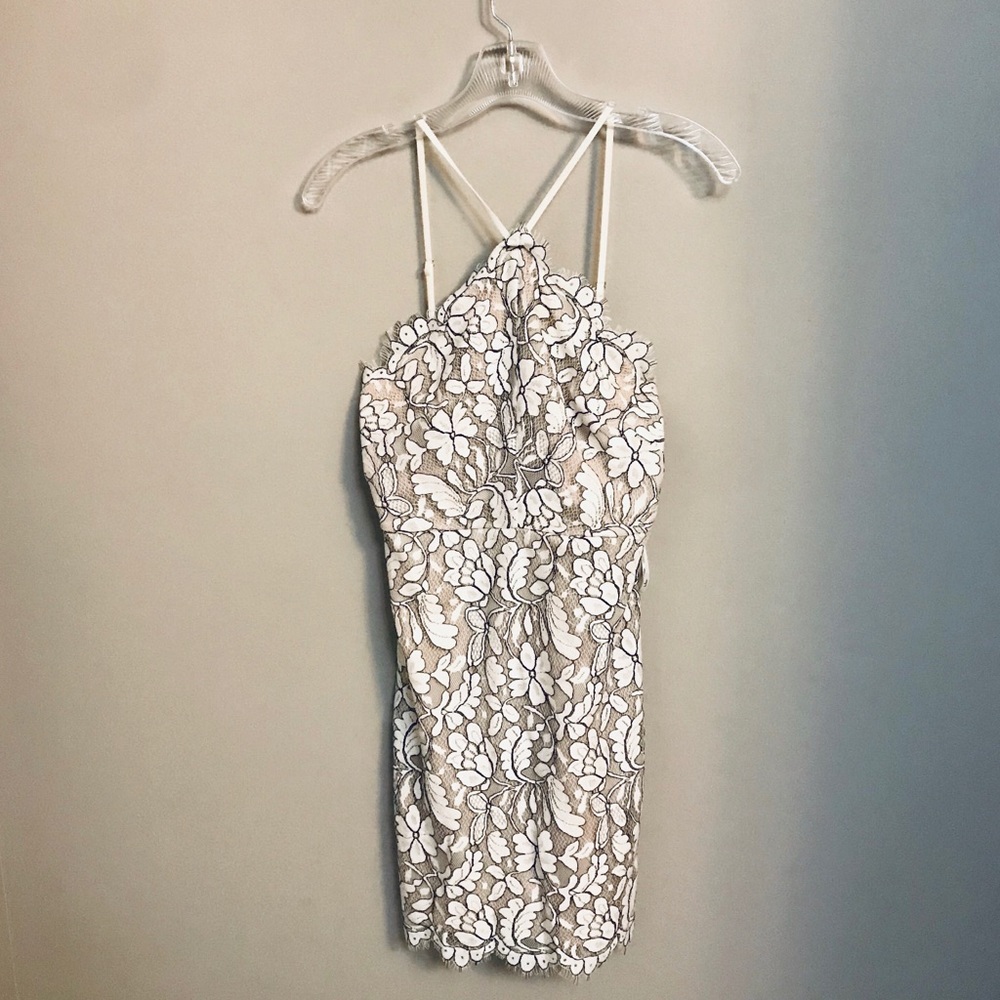 Lulus beige and ivory lace bodycon dress